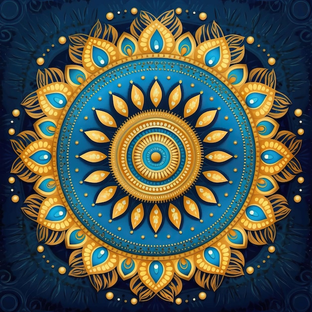 mandala dibujada a mano en oro sobre fondo azul