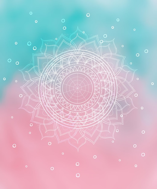 Mandala dibujada a mano sobre fondo abstracto rosa y azul