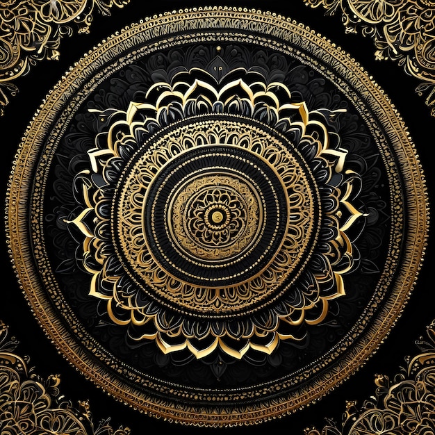 Mandala dorada con fondo negro de diseño antiguo