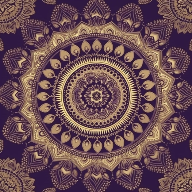 Mandala dourada sobre um fundo roxo.