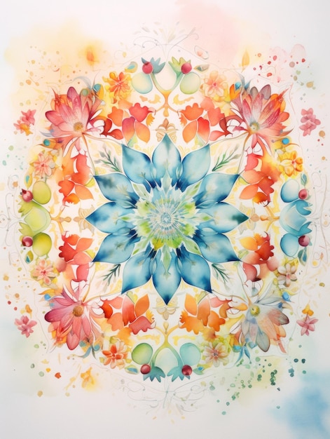 Mandala em aquarela intrincada com diversos elementos florais em miniatura gerados por IA