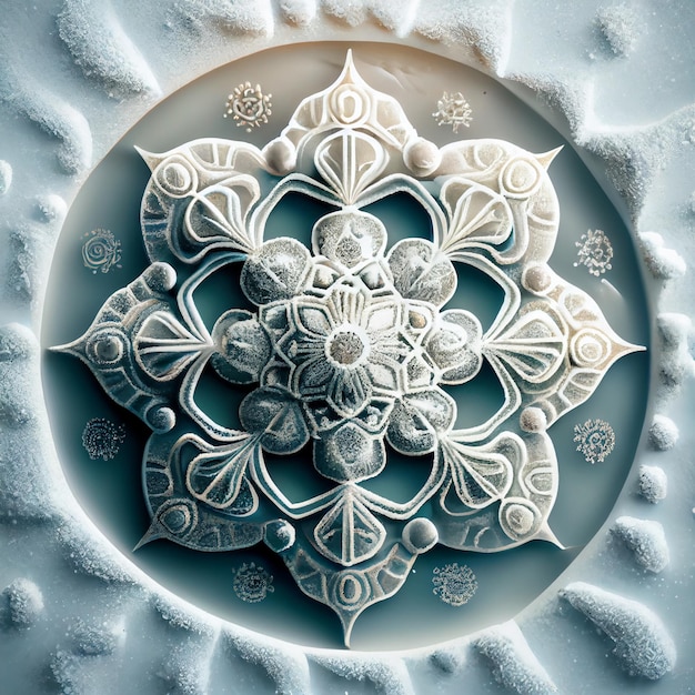 Mandala de fantasía hecha de hielo en la nieve 3d render