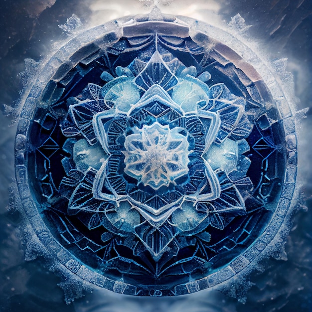 Mandala de fantasía hecha de hielo en la nieve 3d render