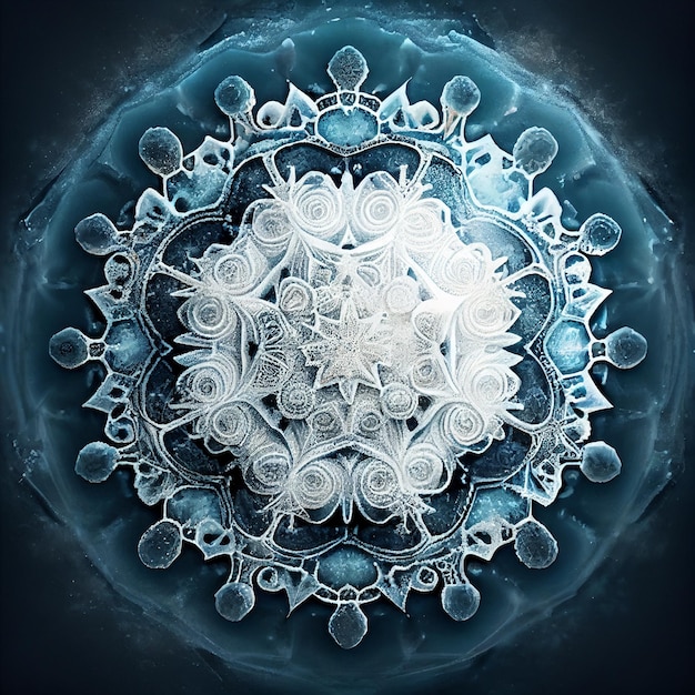 Mandala de fantasía hecha de hielo en la nieve 3d render