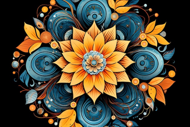 Mandala floral laranja e azul