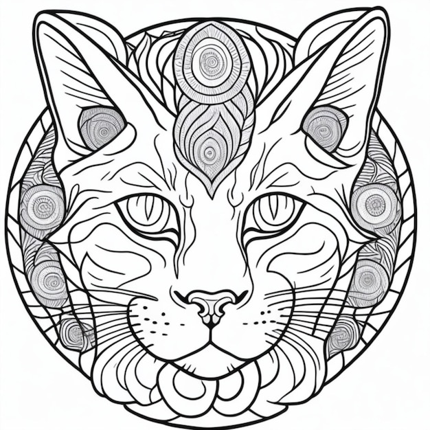 Mandala de gato Diseño de gato para pintar Líneas negras Gato Mandala para pintar e imprimir