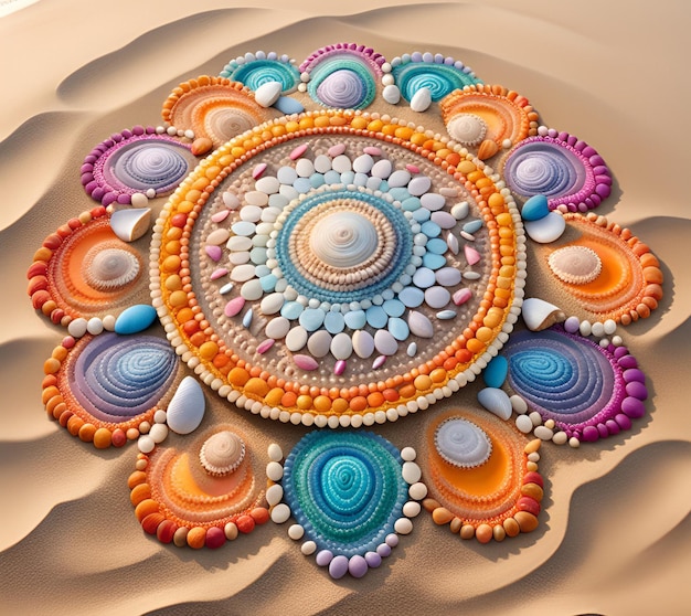 Mandala hecha de coloridas conchas y piedras en la playa