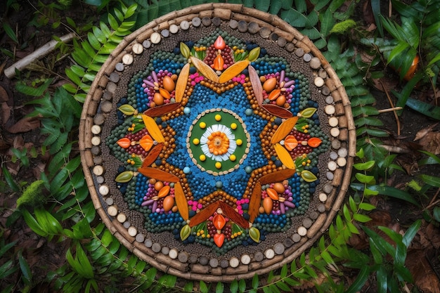 Mandala hecha de formas geométricas coloridas rodeada de elementos naturales