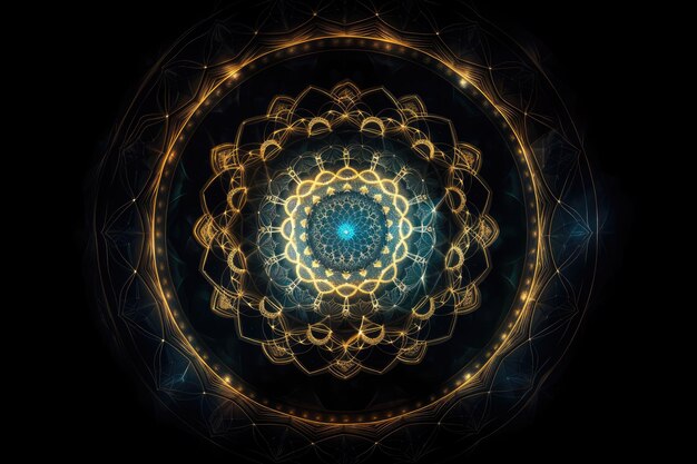 Mandala de luz que brilla a través de la oscuridad rodeada de geometría sagrada