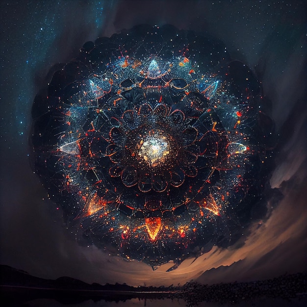 Foto mandala mágica en el fondo del cielo ilustración de papel tapiz de mandala colorido