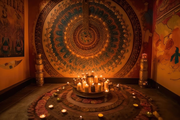 Mandala na parede do templo cercada por velas e incenso