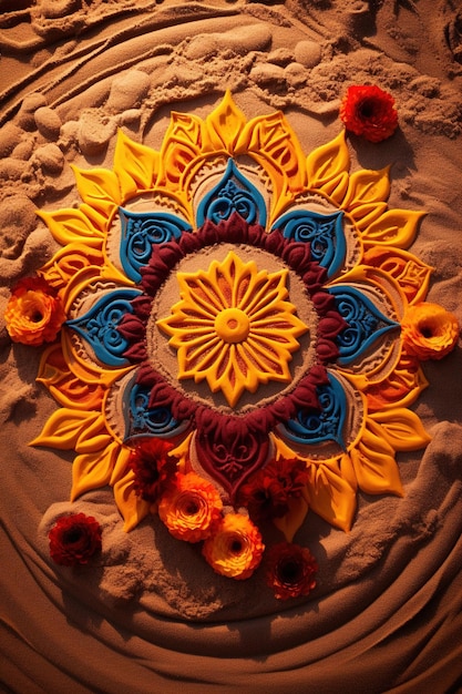 Foto mandala oculta elaborada feita de areia em cores saturadas vibrantes