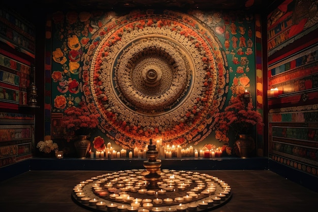 Mandala en la pared del templo rodeada de velas e incienso