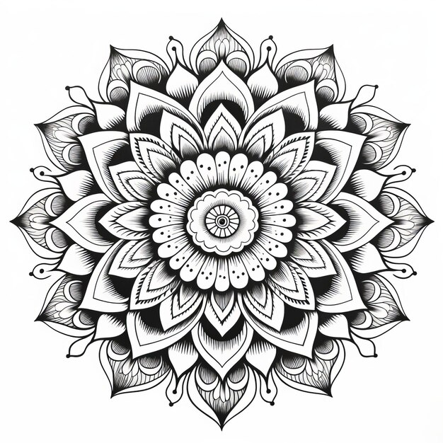 Foto mandala precisa e detalhada para colorir com realismo preto e branco