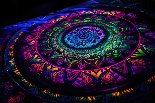 Mandala reativa à luz negra com padrões intrincados e vibrantes criados com IA generativa