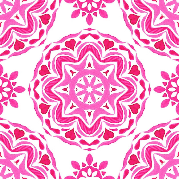 Mandala redonda desenhada à mão rosa e branca em azulejo sem costura ornamental padrão de pintura