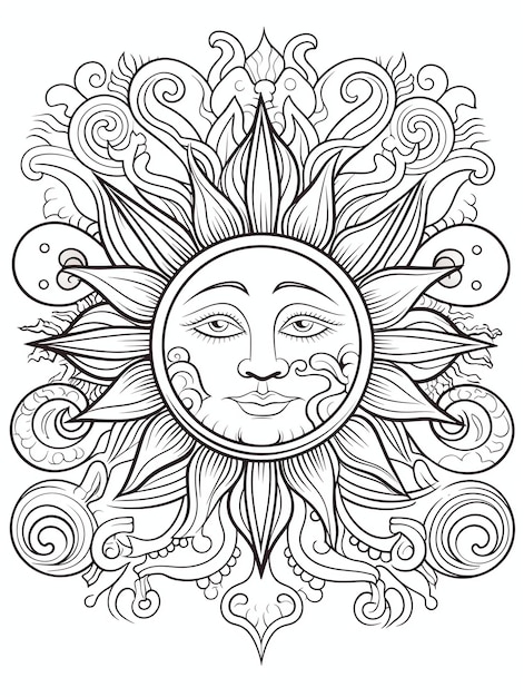 Un mandala de sol y luna con líneas radiantes Página del libro para colorear Mandala de Mindful Patterns en negro