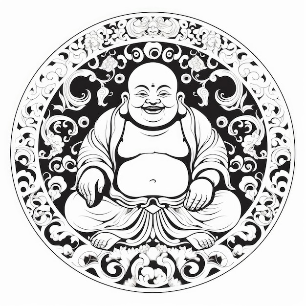 Mandala vectorial psicodélico Un ícono de Buda Riendo en un simple logotipo en blanco y negro contra un blanco