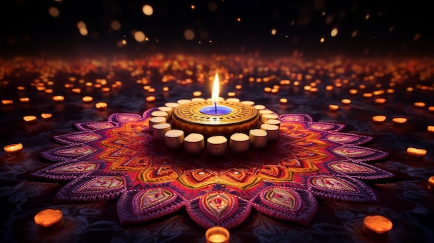 mandala de velas y fuego en la noche para diwali