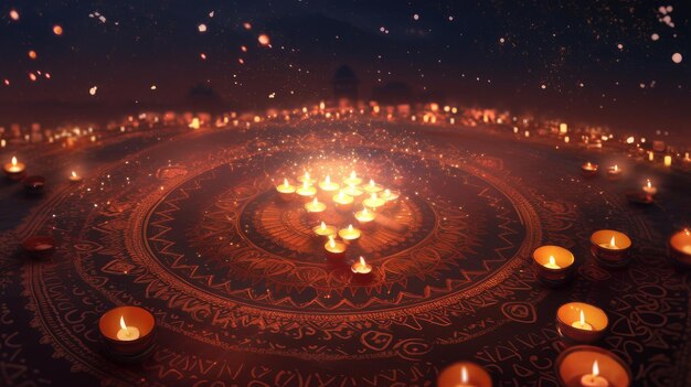 mandala de velas y fuego en la noche para diwali