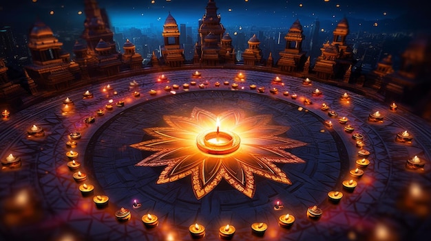 mandala de velas y fuego en la noche para diwali