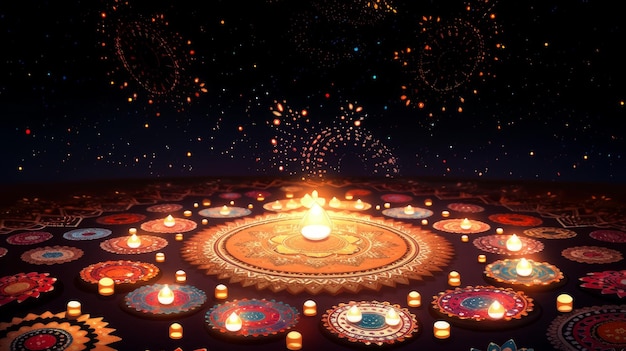 mandala de velas y fuego en la noche para diwali