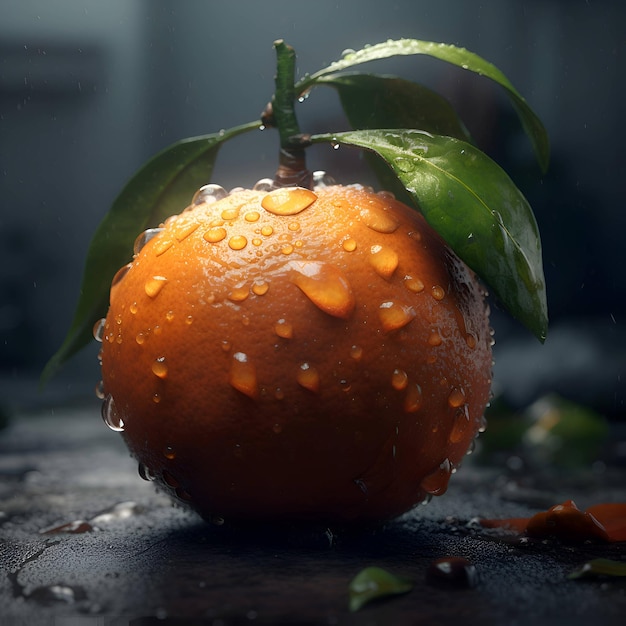 Mandarina fresca y madura con gotas de agua sobre un fondo oscuro