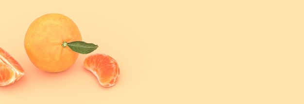Mandarina sobre un fondo amarillo, ilustración 3d