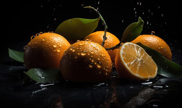 Mandarinas com gotas de água em um fundo escuro IA generativa