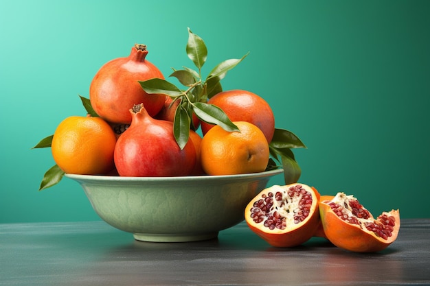 Mandarinas en un cuenco y granadas en una pared verde