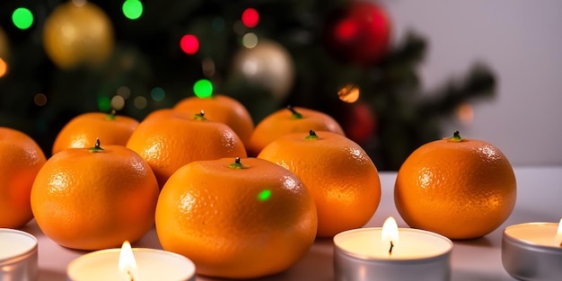 Mandarinas festivas junto al árbol de Navidad con velas aromáticas