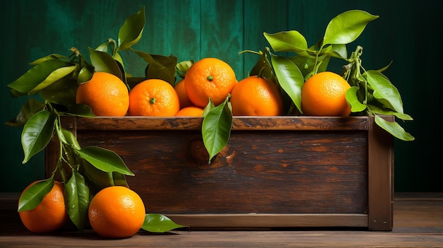 Mandarinas frescas com folhas numa caixa de madeira