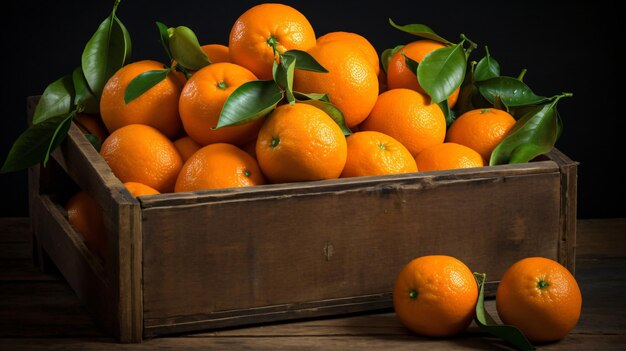 Mandarinas frescas, frutas ou mandarinas na caixa de madeira