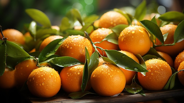 Foto mandarinas frescas y hojas en una mesa