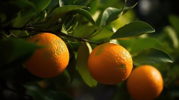 Mandarinas maduradas en la rama de un árbol verde en el huerto Ai generativo