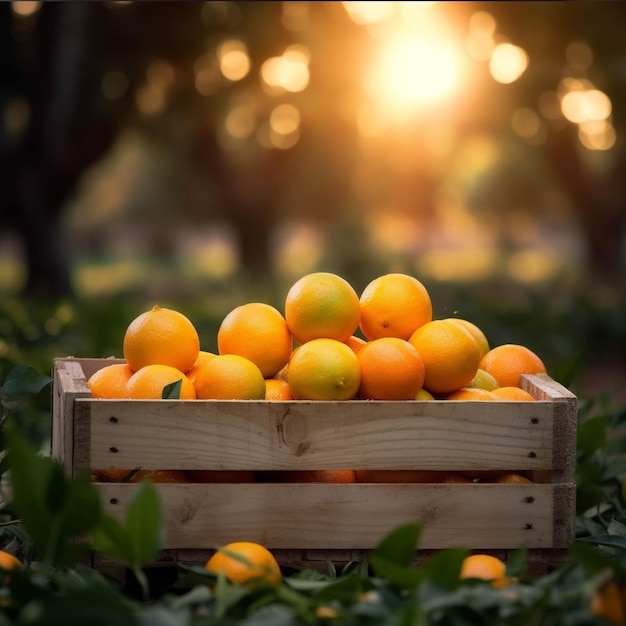 Mandarinas maduras en una caja de madera sobre el fondo de la puesta de sol