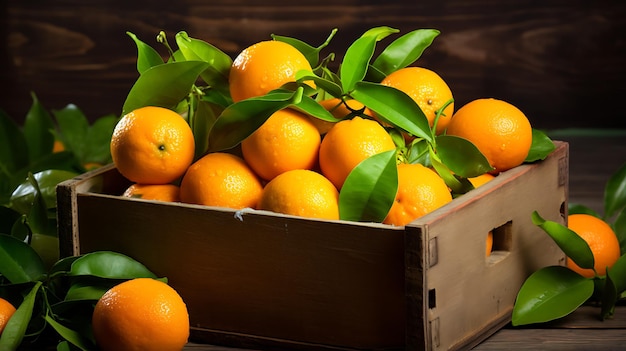 Mandarinas maduras com folhas em uma caixa de madeira