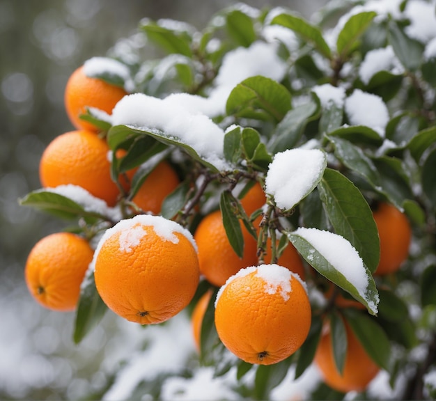 Mandarinas maduras em um galho na neve no inverno