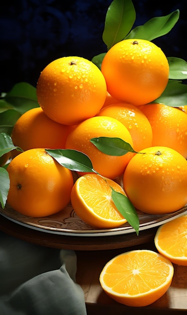 Mandarinas maduras con hojas verdes sobre una mesa