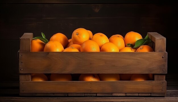 Mandarinas y naranjas en una caja de madera recogidas en una granja ecológica
