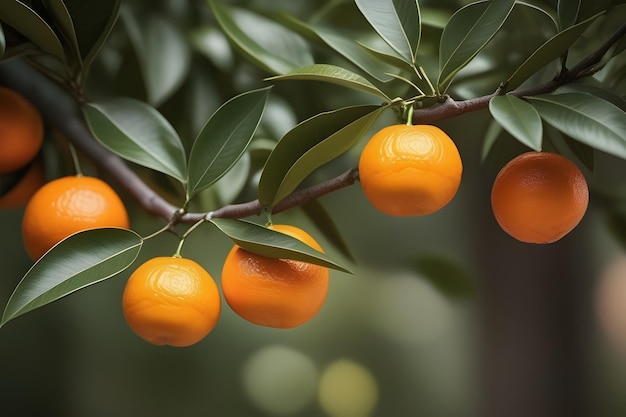 Foto mandarinas naranjas frescas y maduras colgando de una rama con hojas verdes en un fondo borroso