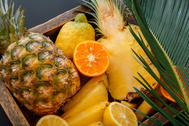 Mandarinas naranjas piñas limones. Caja mixta con variedad de frutas tropicales y hojas de palmera. Postre de vitamina tropical como fondo de verano. Foto de archivo de alta calidad