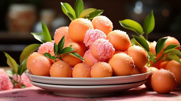 Mandarinas en plato sobre mesa rosa