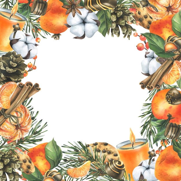 Mandarinas con ramas de pino de algodón y conos dulces velas y especias Ilustración acuarela dibujada a mano para decoración navideña Marco cuadrado aislado sobre fondo blanco