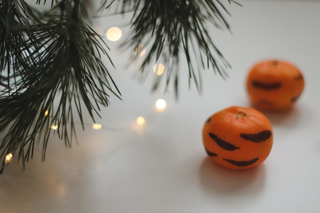 Mandarinen mit gemalten Streifen auf weißem Hintergrund mit Weihnachtsbaum. Das Konzept für das neue Jahr des Tigers für Kinder.