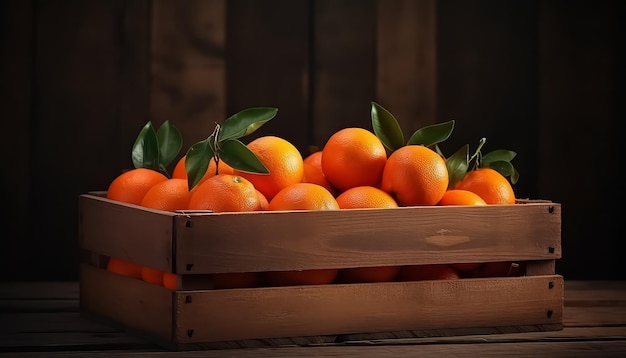 Mandarinen und Orangen in einer Holzkiste, die in einer Ökofarm gesammelt wurden