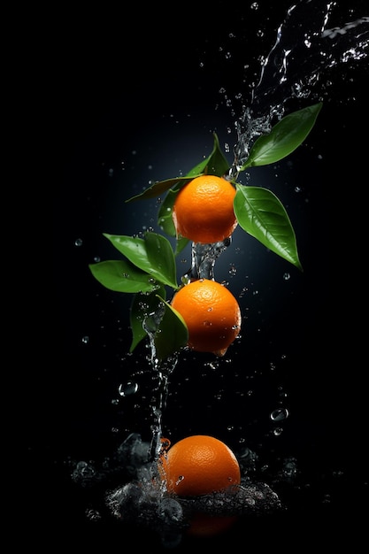 Mandarinen und Orangen mit Blättern in Wasserspritzungen auf schwarzem Hintergrund Generative KI