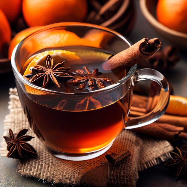 Mandarinentee mit Zimt und Anis in einer Tasse auf dem Tisch. Antioxidative Diät