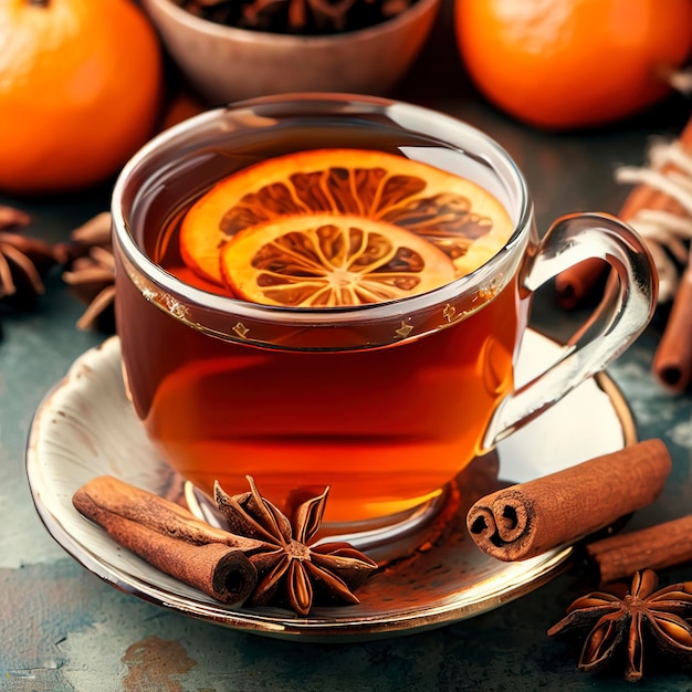 Mandarinentee mit Zimt und Anis in einer Tasse auf dem Tisch. Antioxidative Diät