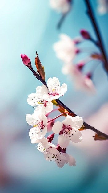 Mandelbaumblüten mit Zweigen und Mandelnuss aus nächster Nähe Blütezeit